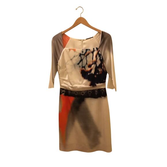 Elie Tahari Silk Batik Watercolor Dress White Gray Navy Orange Sz8